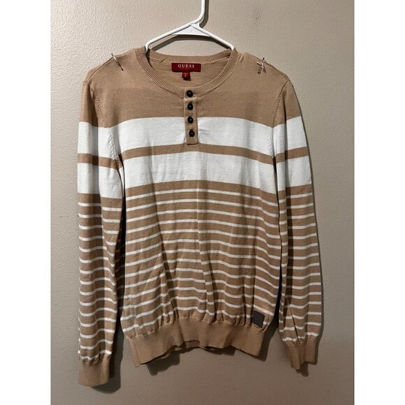 Women's Guess Brand White & Beige Striped Sweater Size M [EXCELLENT] - Picture 1 of 6